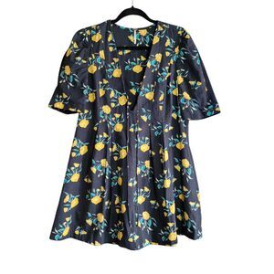 Free People Tunic Dress Black Adelle Yellow Floral Pocket Short Sleeve Medium
